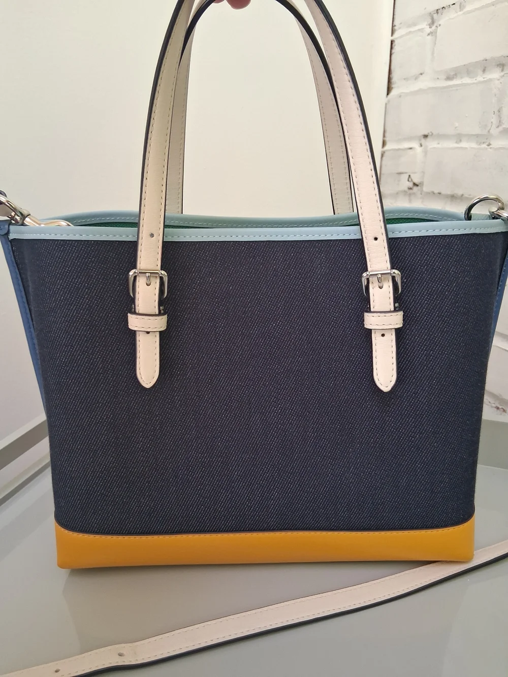 Authentic Coach Mollie Denim Color block Tote - Navy, Yellow & Light Blue